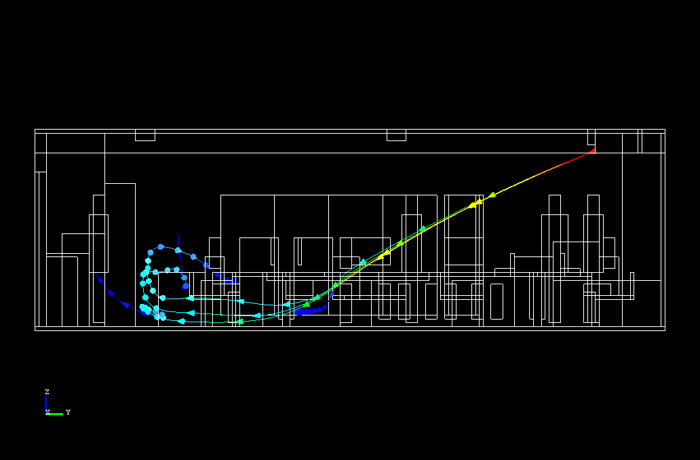 流跡線+ベクトル(速度スカラ分布色)